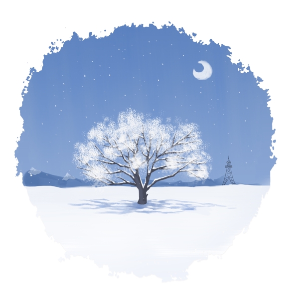 冬季雪景夜晚树木手绘风