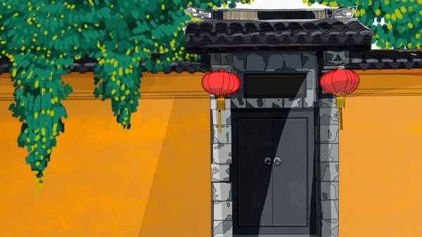 原创中国风复古建筑小院手绘插画