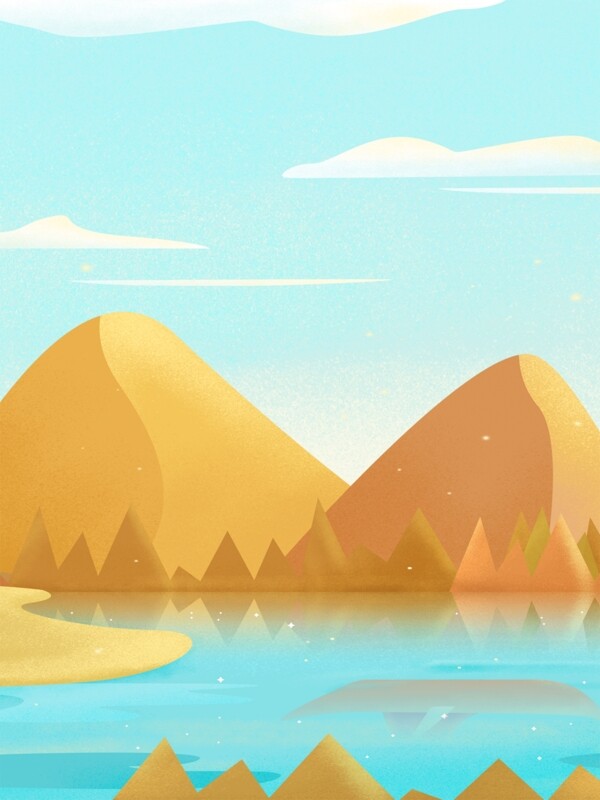 手绘卡通秋天的山峦和清澈的湖泊广告背景