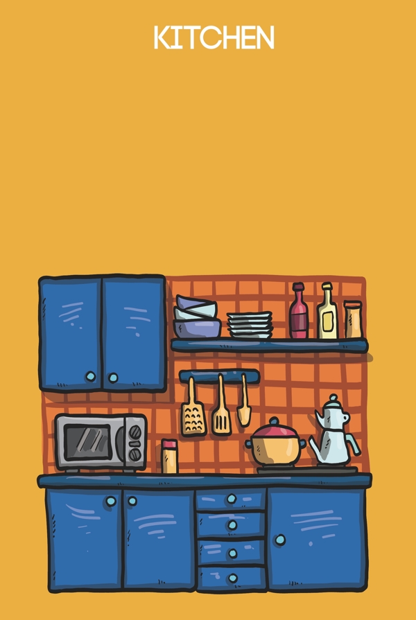 卡通蓝色厨房设计海报背景素材