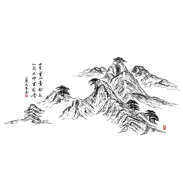 四月中国风山水手绘素材