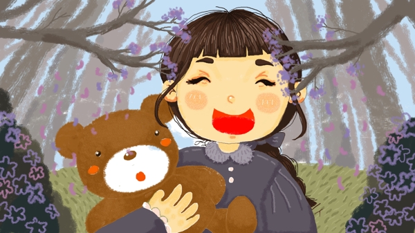 森林里抱着玩具熊的小女孩原创插画