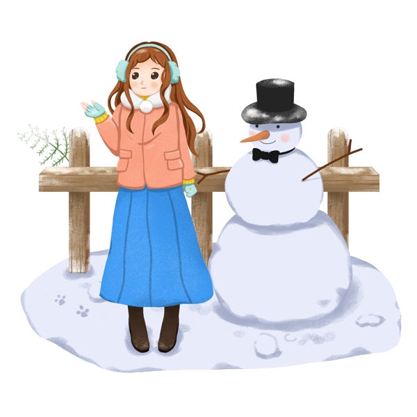 小雪欣赏雪景人物下雪插画