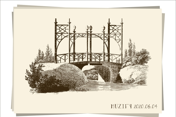 欧式庭院拱桥素描画