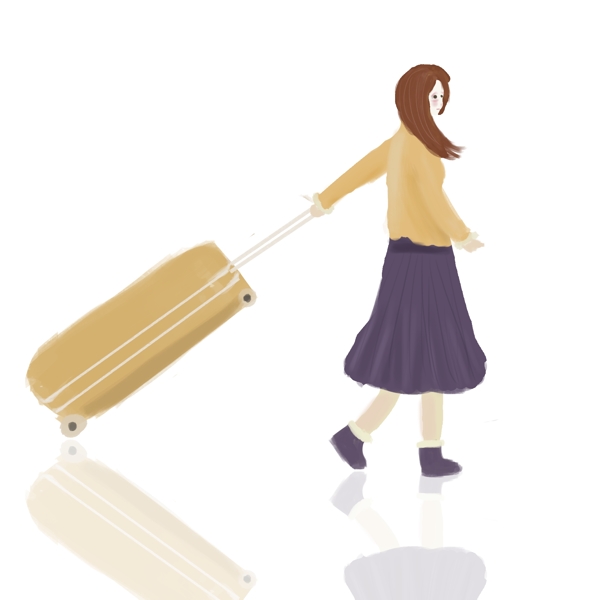 卡通手繪拉著行李箱回家過年的女孩