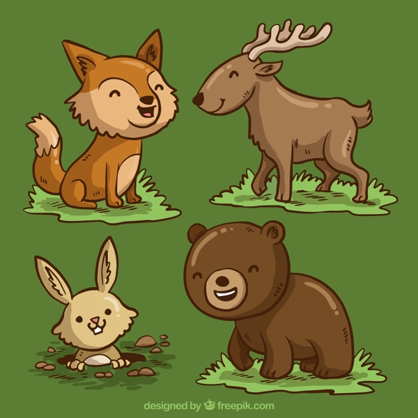 4款卡通笑脸森林动物矢量