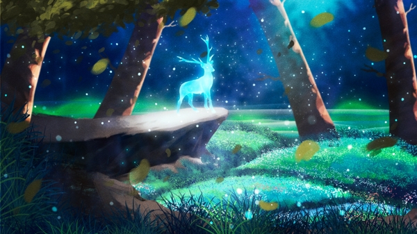 梦幻创意手绘治愈系森林与鹿插画
