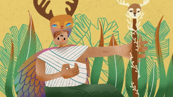 森林与鹿植物可爱商业插画