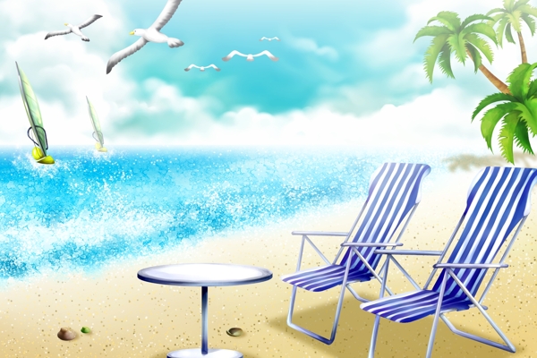手绘卡通沙滩躺椅风景插画图片
