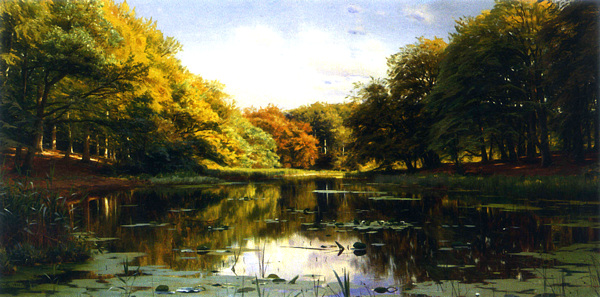 池塘油画风景
