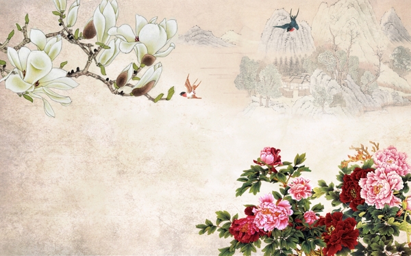 中式牡丹背景墙图片