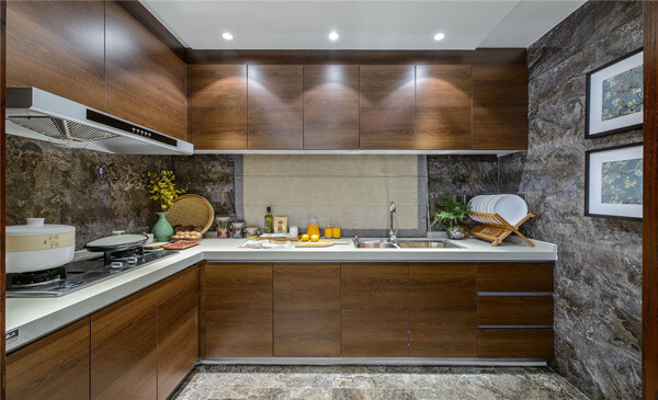 中式复古风格厨房实木色橱柜效果图