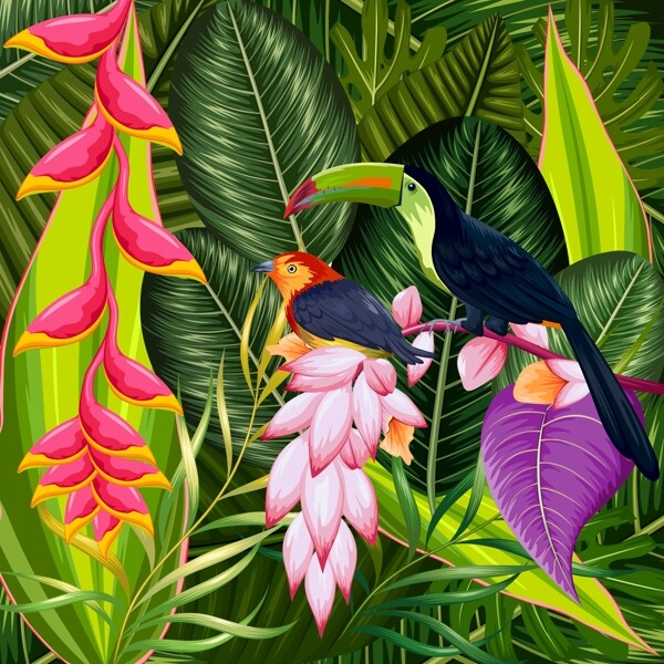 热带花丛中的小鸟插画