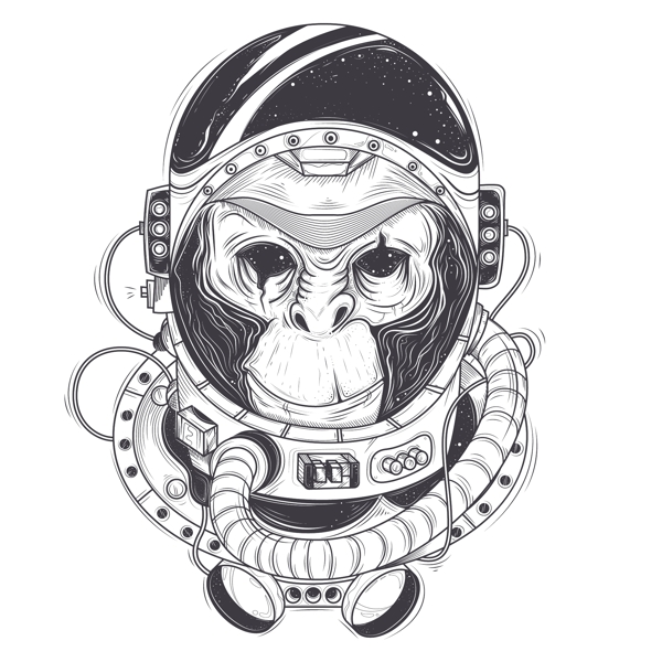 在太空服中描绘猴宇航员黑猩猩的矢量手绘图
