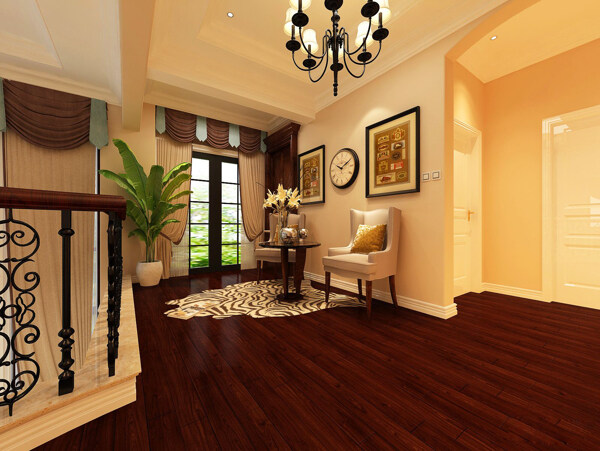 美式清新复式客厅木制地板室内装修效果图
