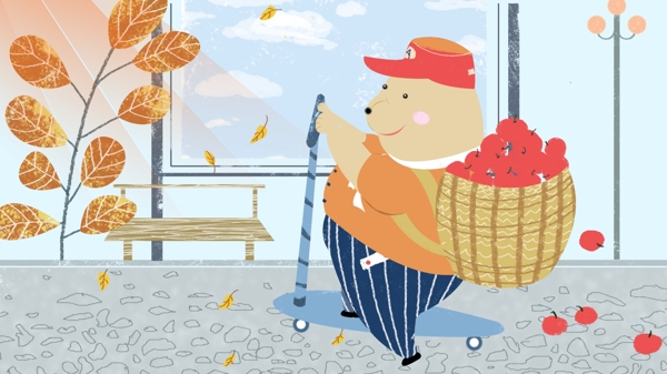 原创插画秋天你好收获秋季温暖红叶小熊可爱