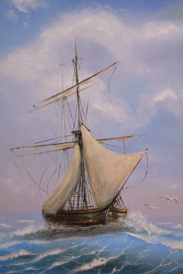 复古帆船油画背景墙