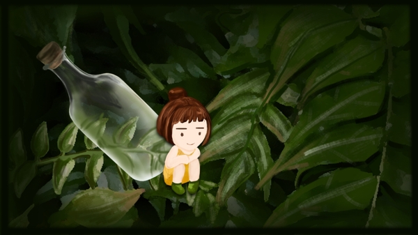 治愈系手繪插畫女孩與漂流瓶