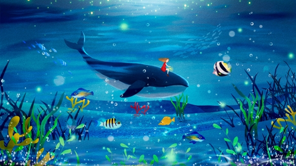 蓝色卡通世界海洋日海底世界插画