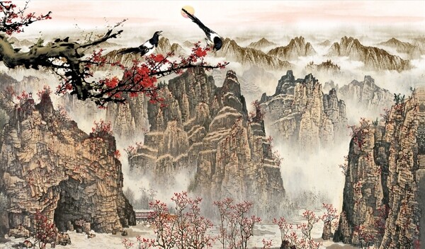 山水画梅花喜鹊背景墙图片