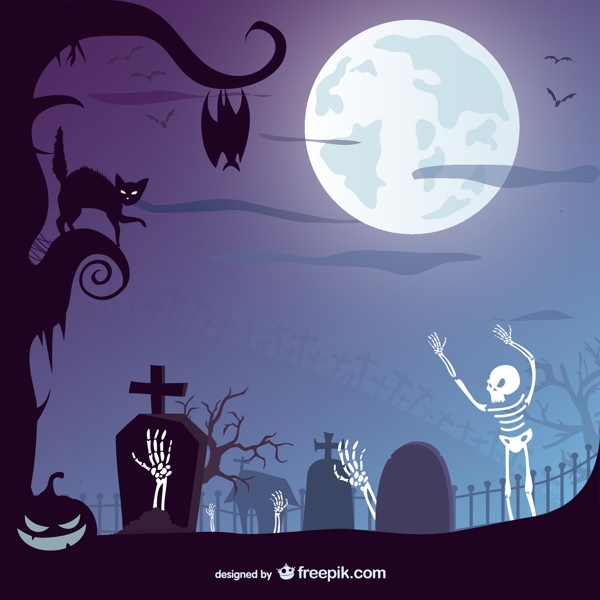 万圣节墓地里有一只黑色的猫和骷髅
