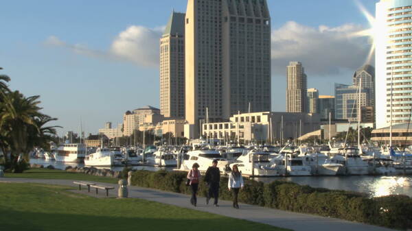 在圣迭戈港停泊的船只人走在公园股票视频视频免费下载