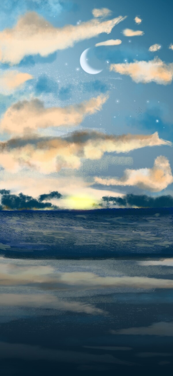 藍色清新風河邊風景插畫背景
