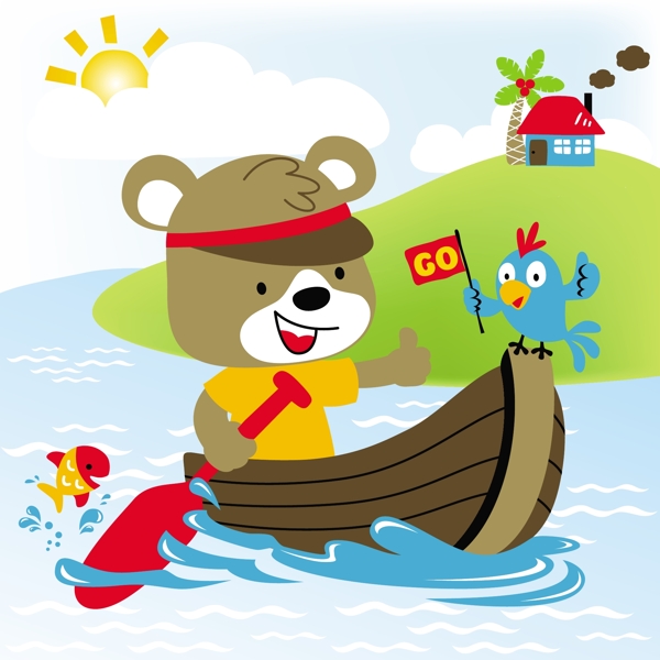 小熊划船加油可爱动漫图