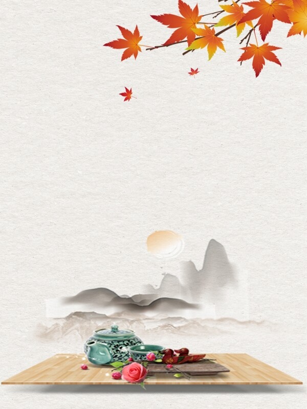 中国风秋天的红枫叶和茶道广告背景