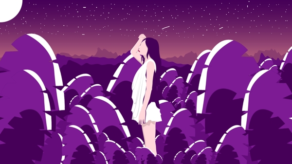 原創(chuàng)插畫晚安月下少女