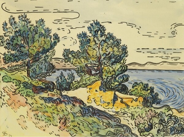 PaulSignacLandscapeoftheSeashorewithTrees1894畫家風(fēng)景畫靜物油畫建筑油畫裝飾畫