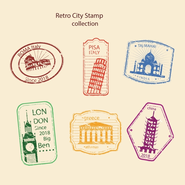 6款彩色世界标志性建筑邮票元素