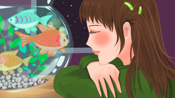 晚安世界对着鱼缸睡着的女孩治愈清新插画