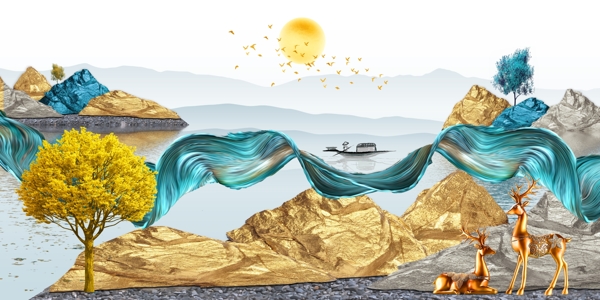 新中式丝绸飘带金色山水装饰画