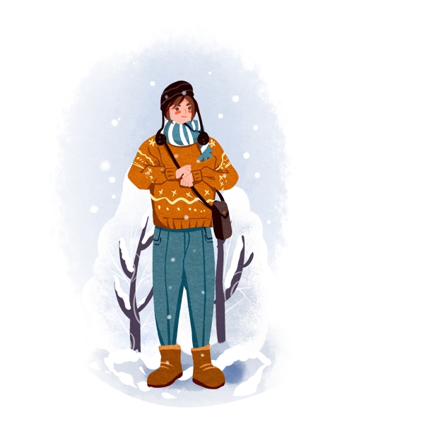 冬天冬装人物男孩下雪扁平卡通元素