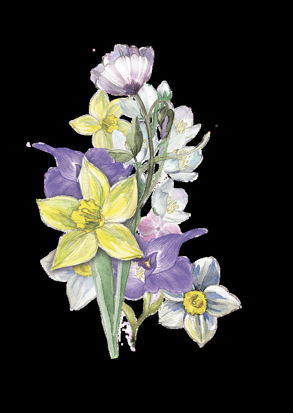 黄紫花丛透明装饰素材