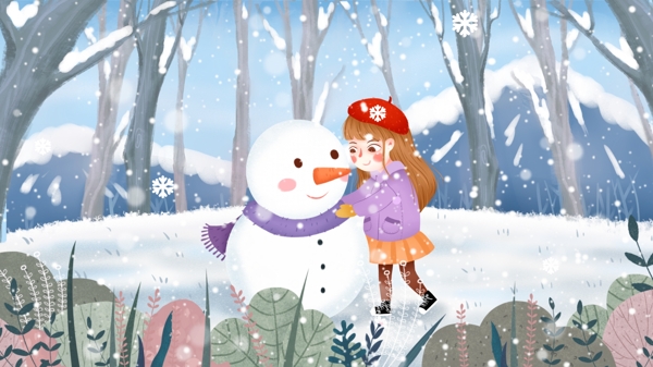 清新森林女孩堆雪人插画