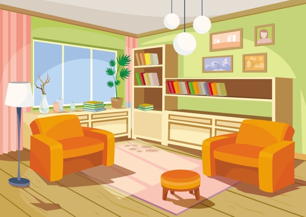 向量的桔子家房间卡通内插图一个有两个软沙发客厅