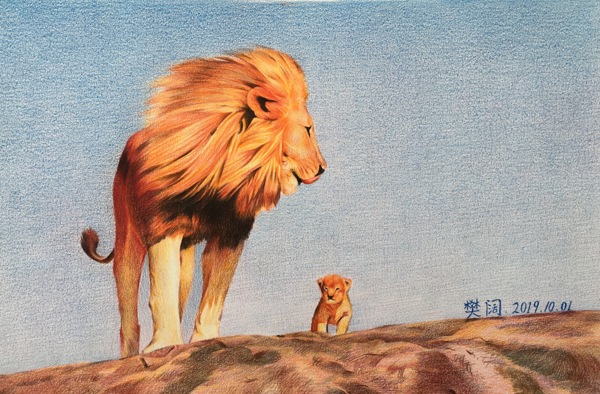 色粉笔狮子父爱彩铅动物图片