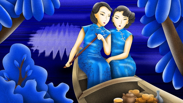 中国风民国风旗袍女人中秋节划船原创插画