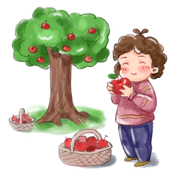 手绘开心可爱男孩子收苹果果树