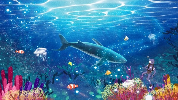 蓝色卡通世界海洋日海底世界海豚潜水员插画