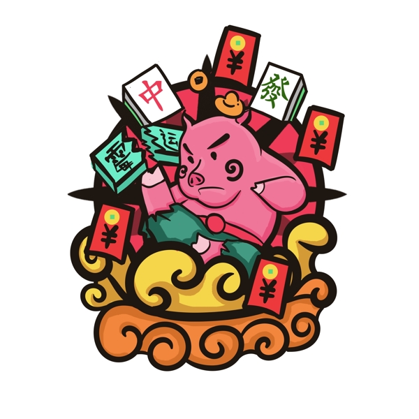 彩绘打麻将的猪设计