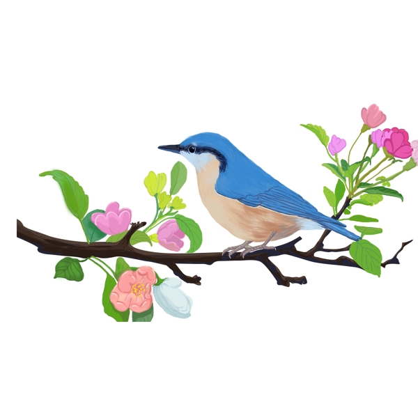 彩色树枝上的蓝色小鸟卡通元素