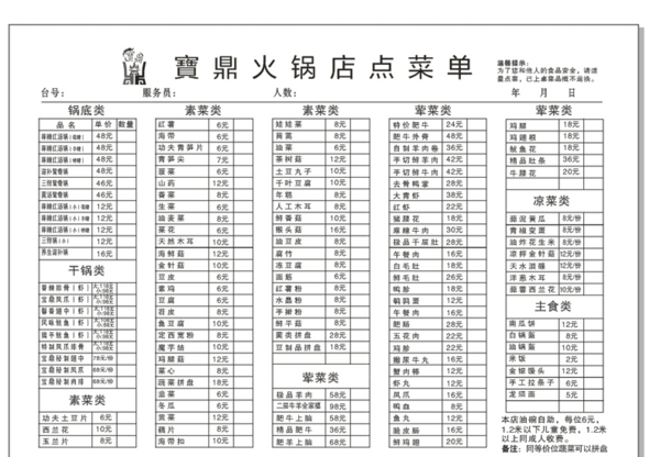 火鍋店菜單