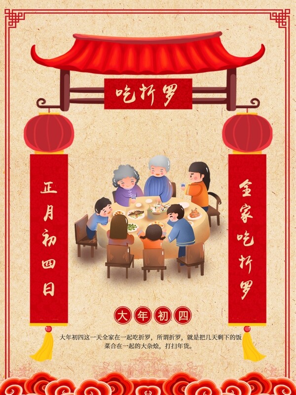 春節(jié)新年正月初四習(xí)俗中國風海報