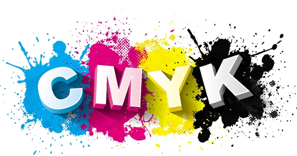 CMYK立體字與顏料噴濺矢量圖