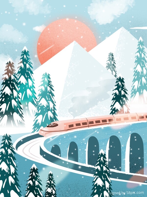 原创冬季远山风景火车唯美插画