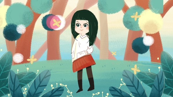森林旅行插画手绘背景海报可爱小女孩奇遇记