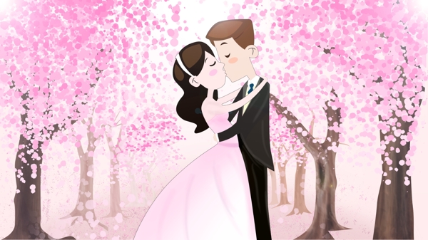 原创手绘插画婚礼邀请函新人在樱花树下亲吻